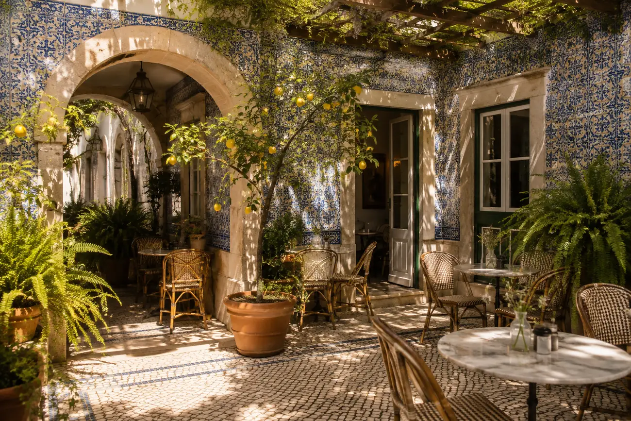 Courtyard of a restored townhouse with arches