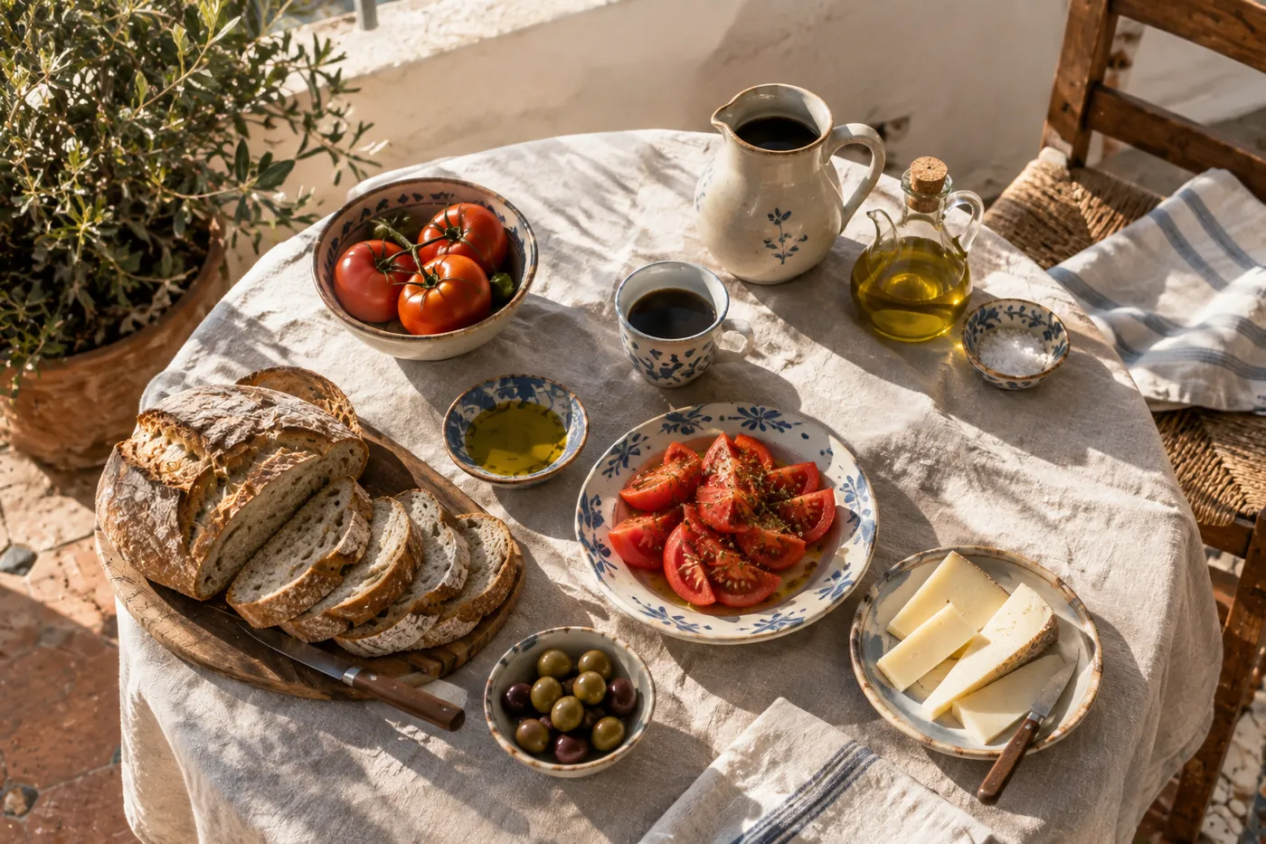 A breakfast table with rustic bread, tomatoes, olive oil, cheese and coffee