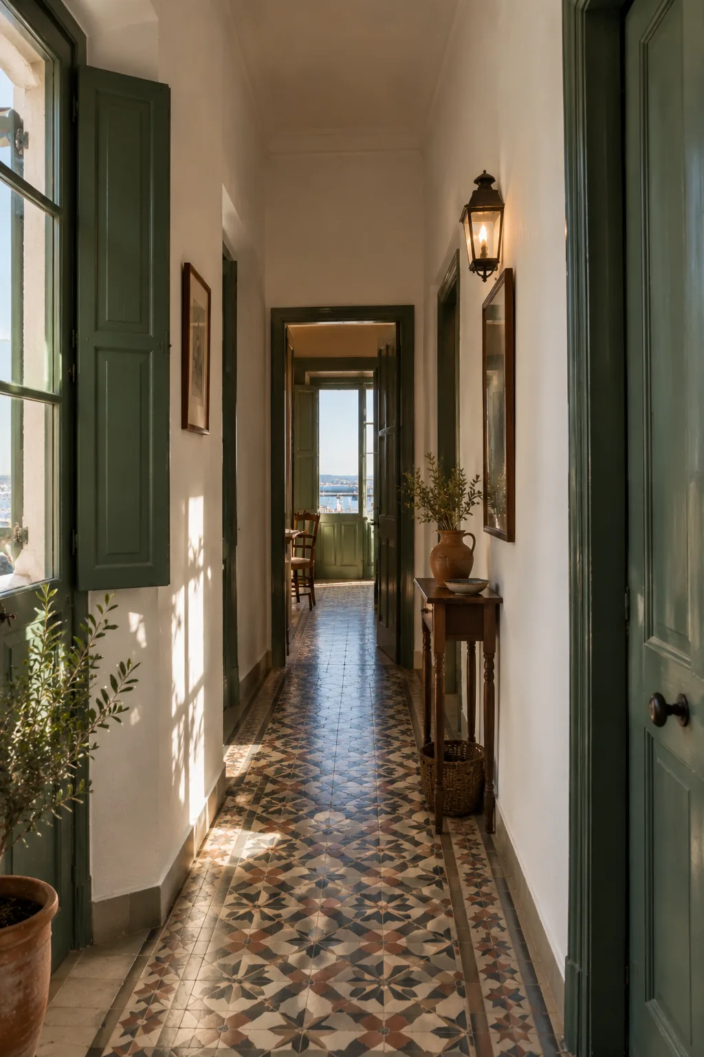 A narrow corridor with original patterned floor tiles and shuttered doors