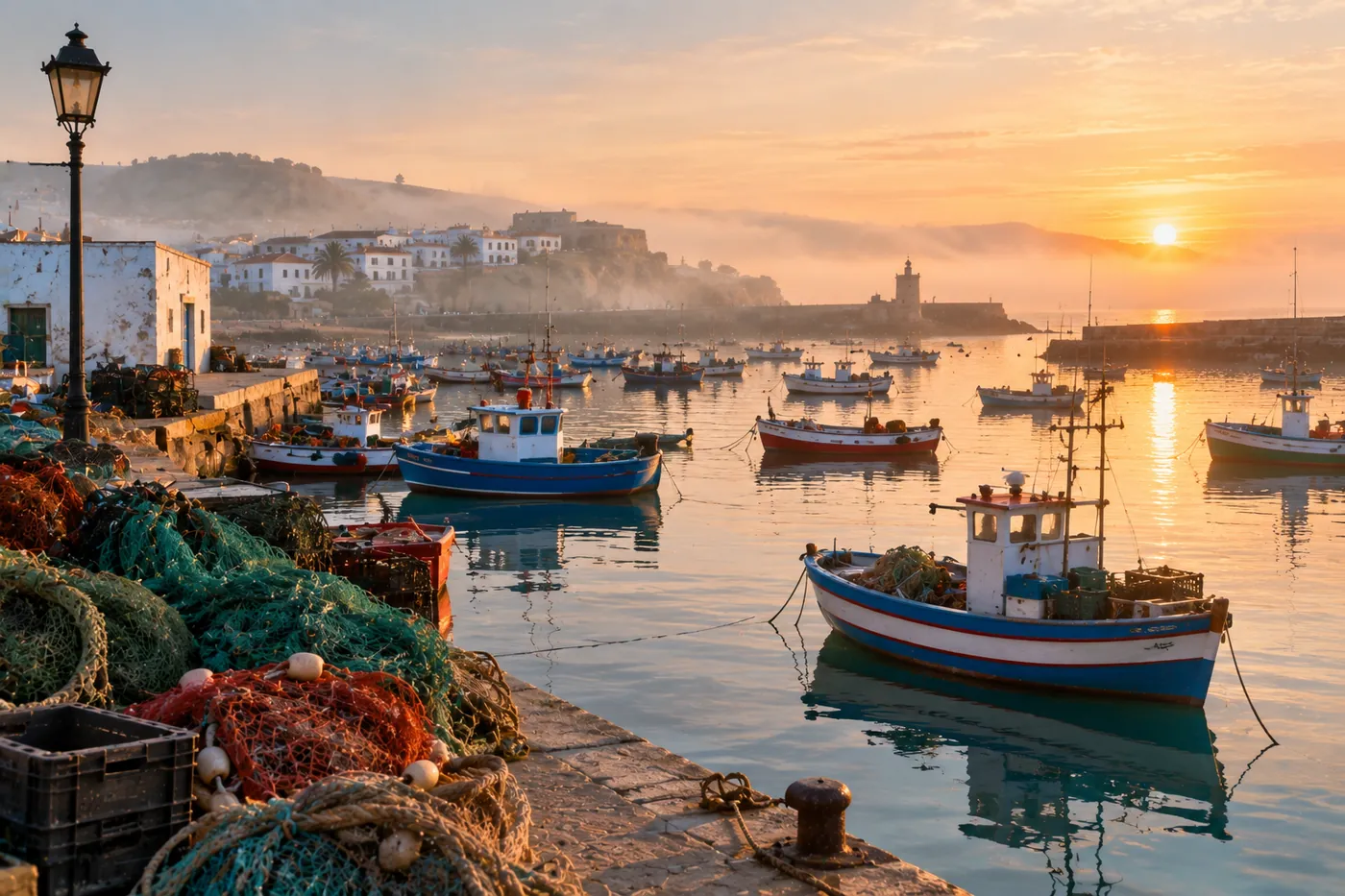 The working fishing harbour at dawn, small boats and nets