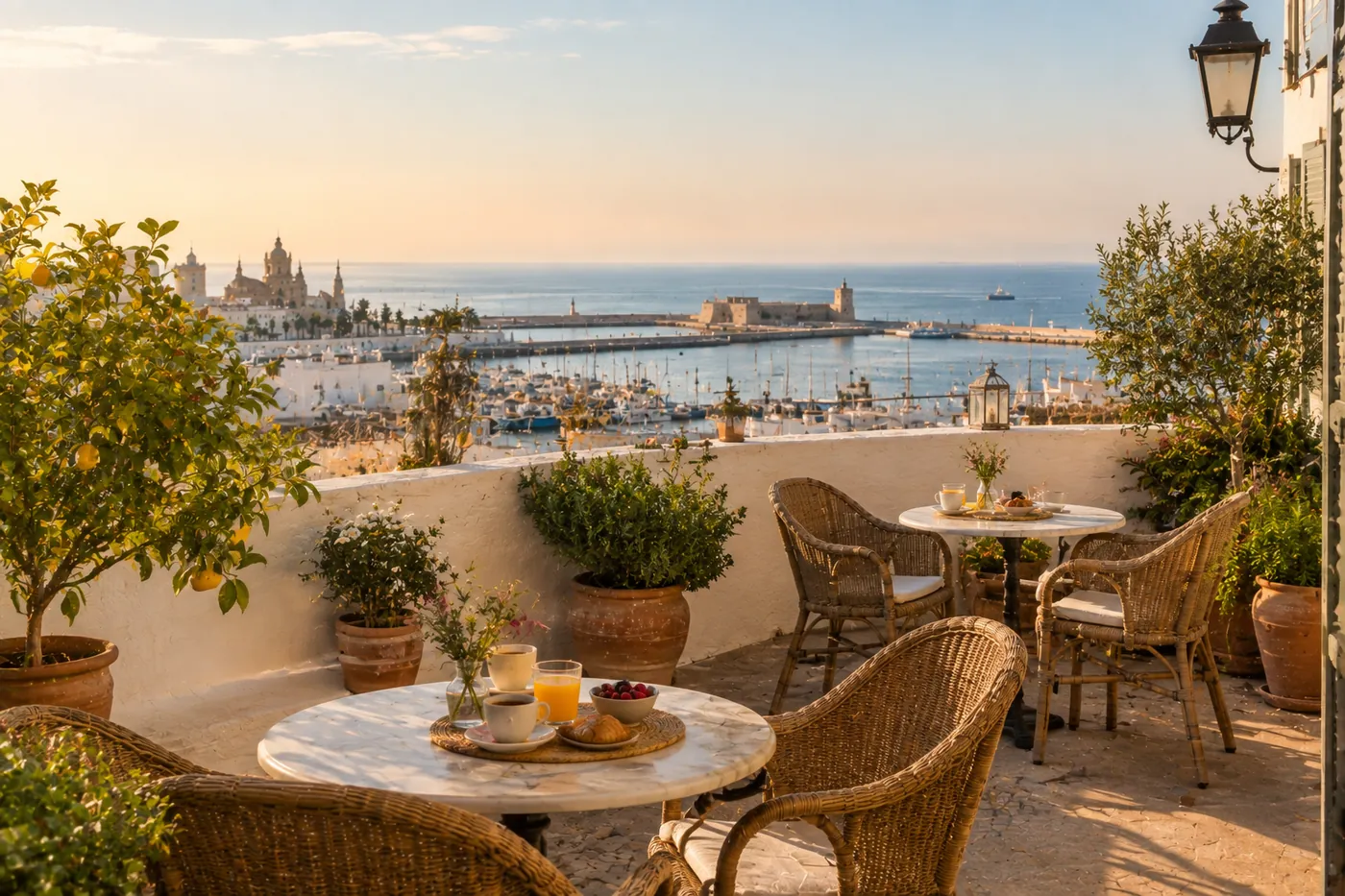 The rooftop breakfast terrace with small tables and a view over the port at sunrise