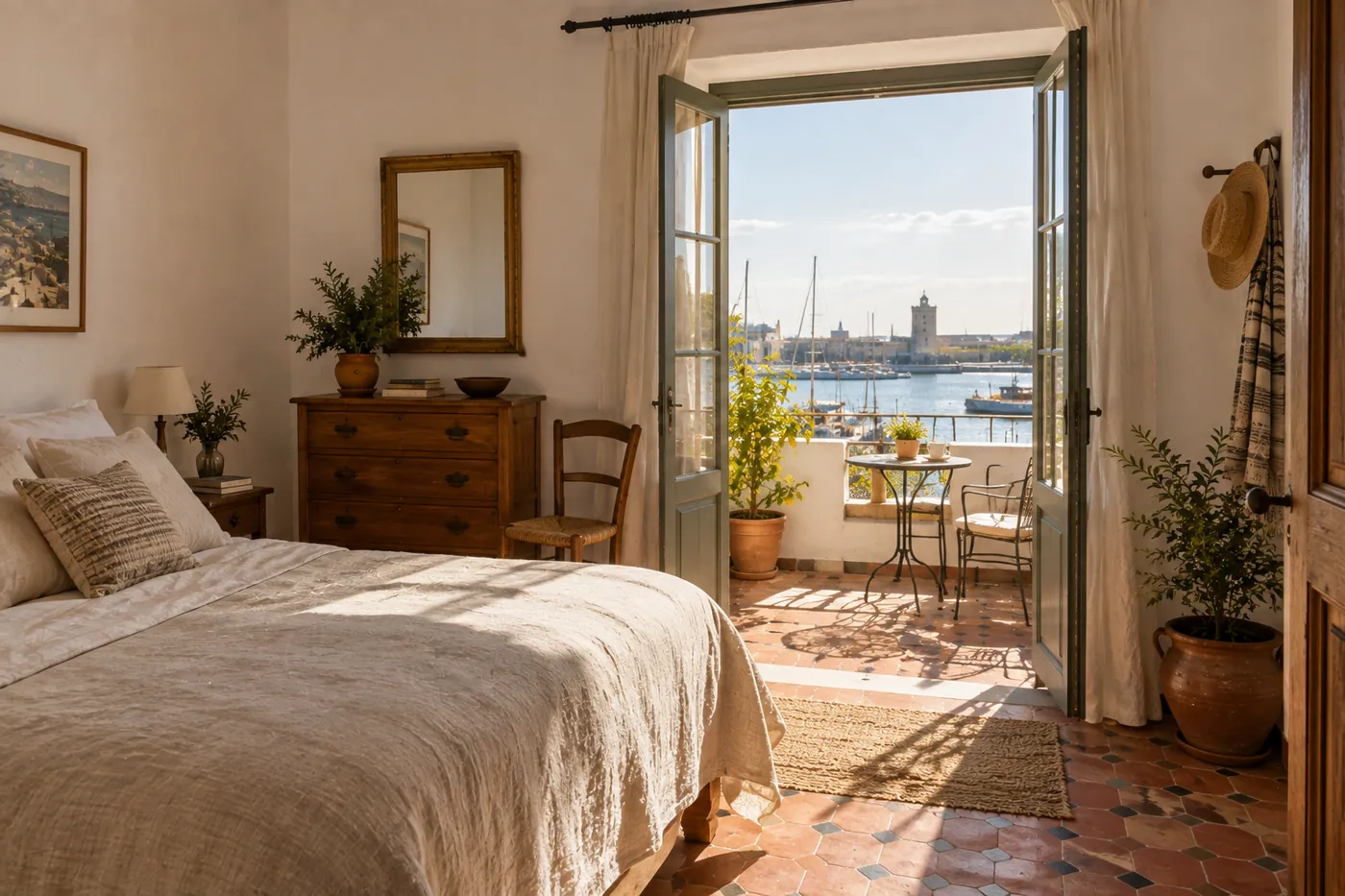 Bright top-floor room with white walls, linen bed and a door onto a private terrace