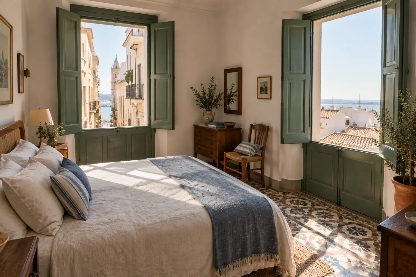 Corner room with two shuttered windows and warm morning light on a tiled floor