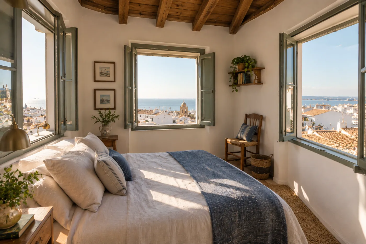 Small tower room reached by its own staircase, windows on every side over the rooftops