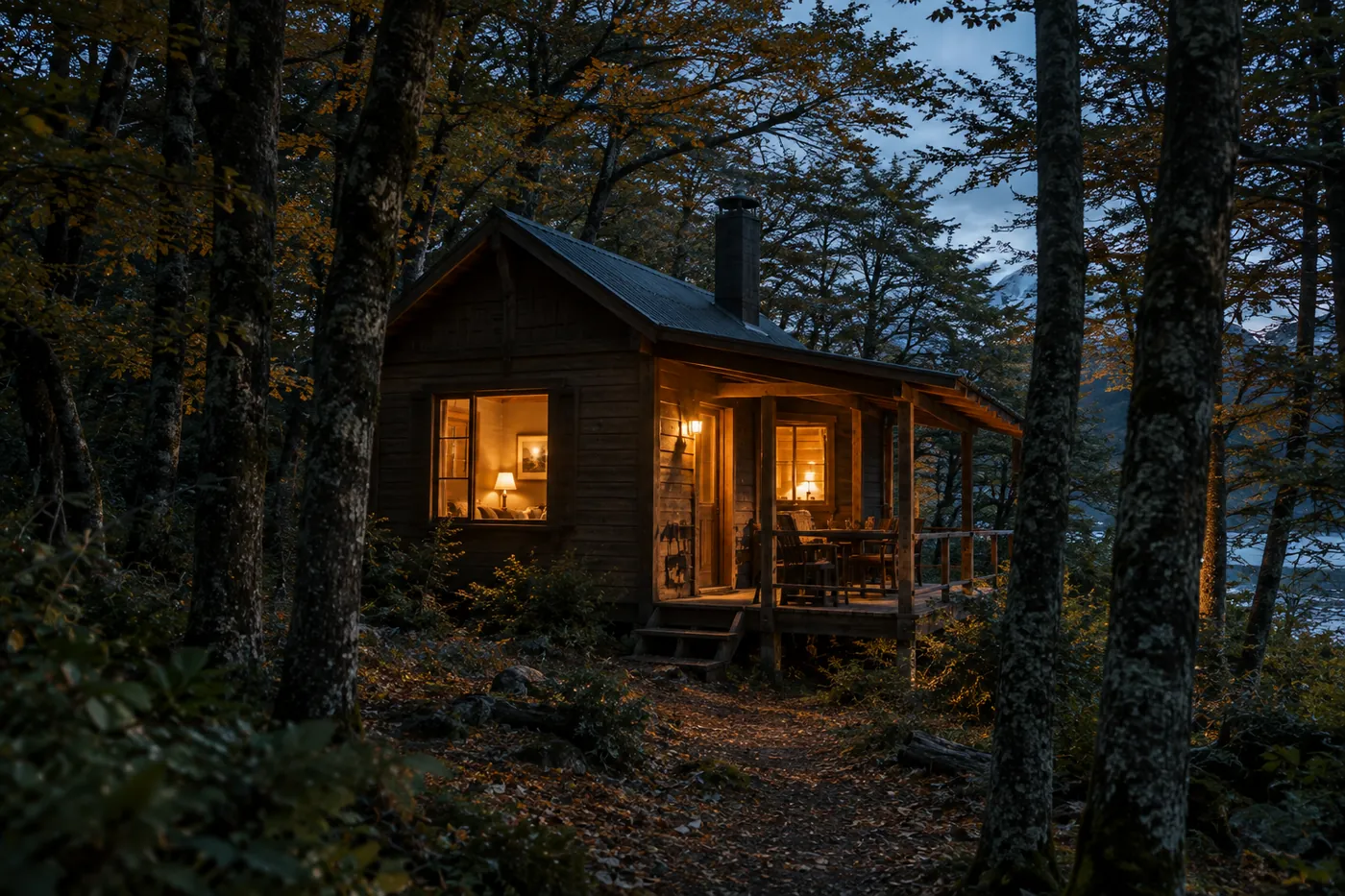 Timber cabin set back among trees with two bedrooms