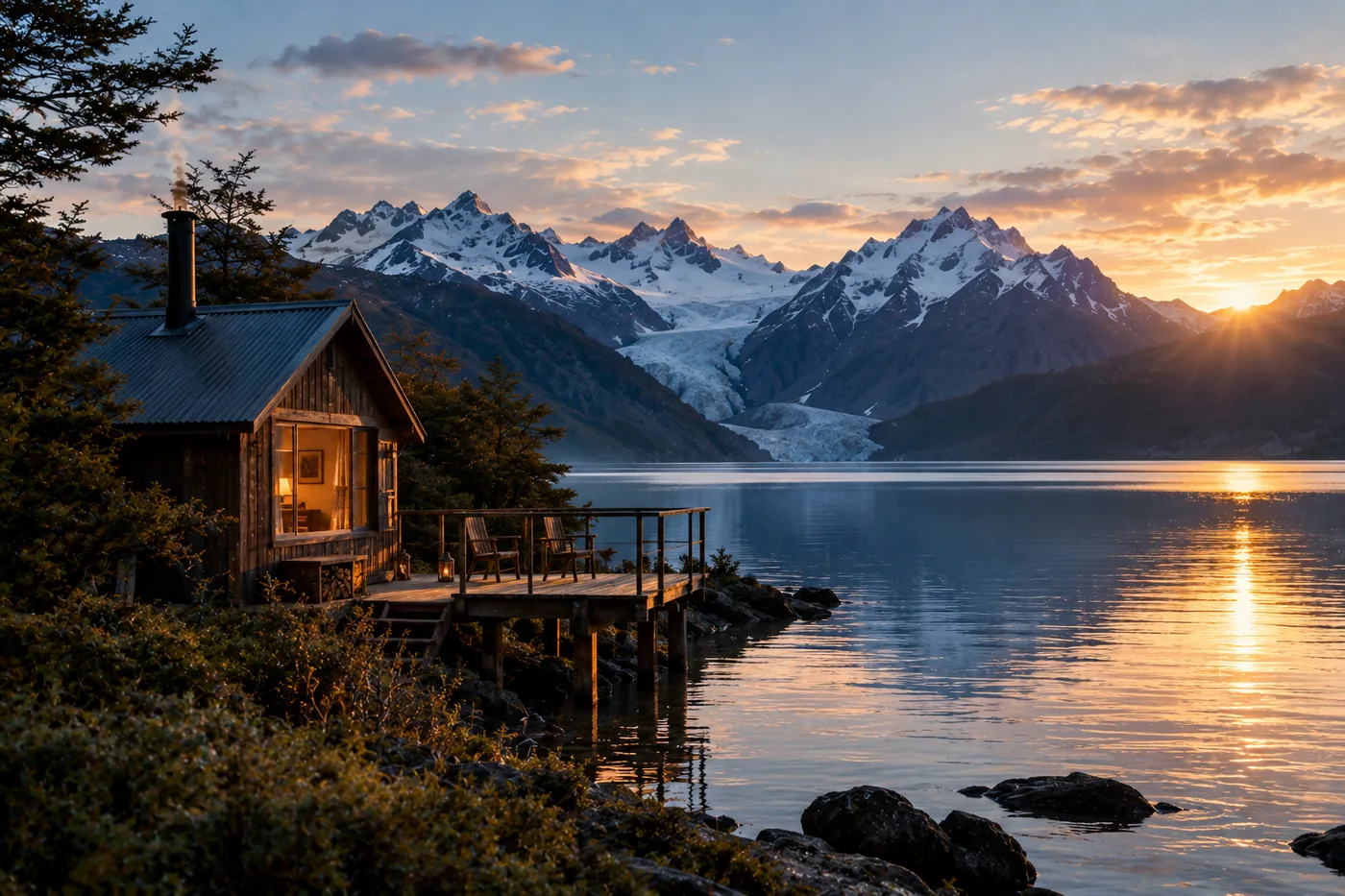 Small timber cabin at the water's edge with a deck over the lake