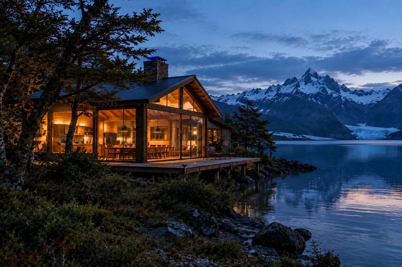 Larger timber cabin with a long table and a full kitchen