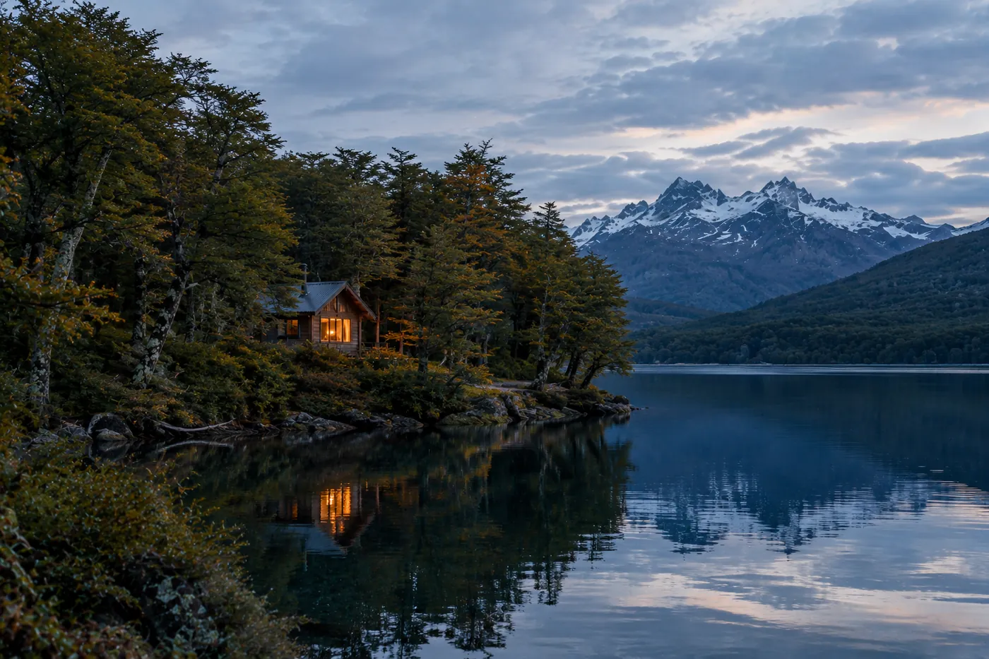 Cabin alone on a wooded point with no other buildings in sight