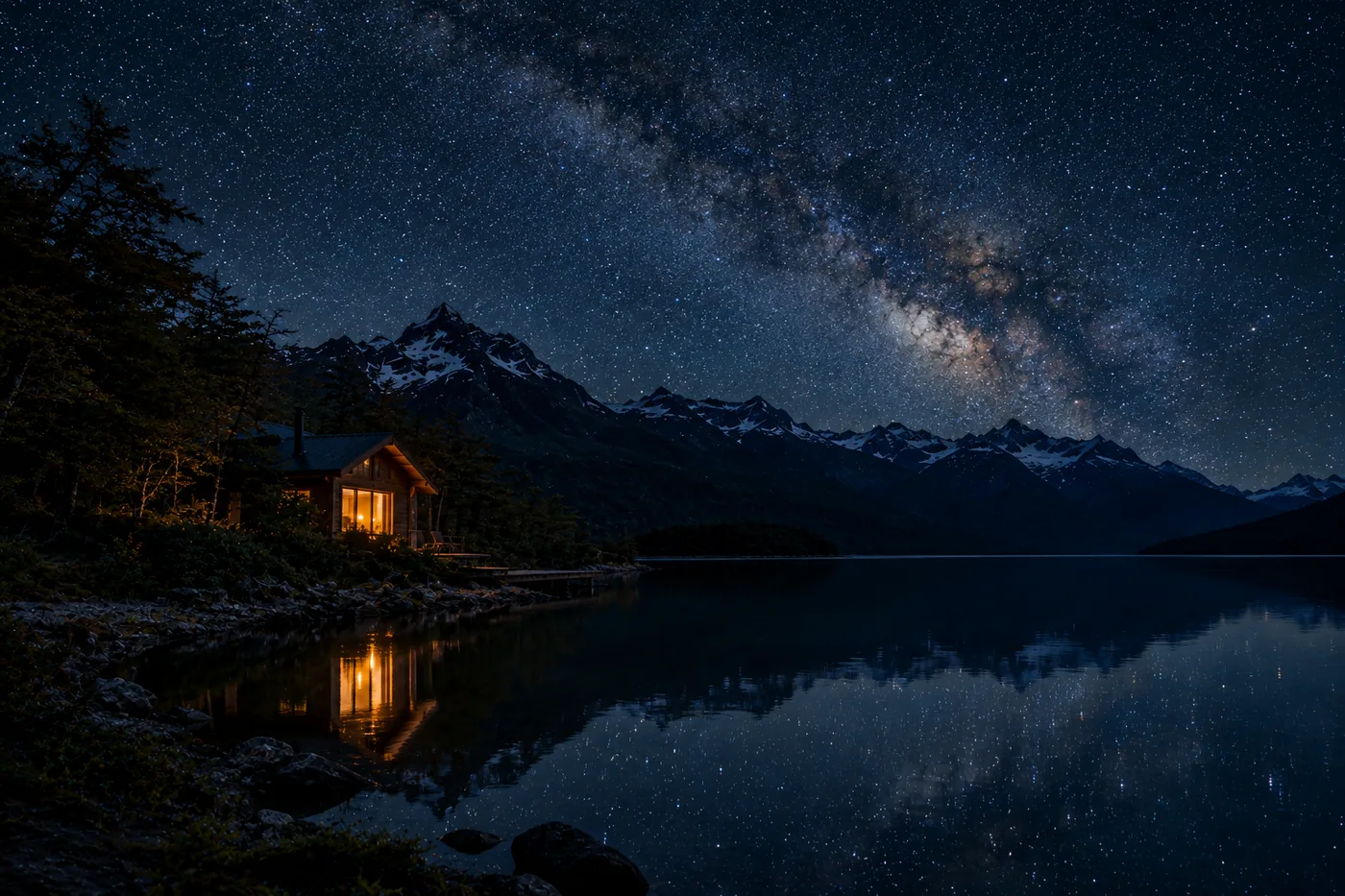 Night sky full of stars over the dark lake and a single lit cabin window