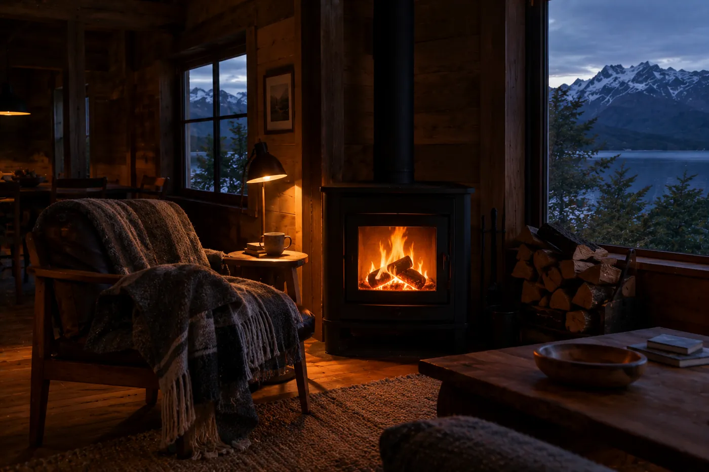 Inside a cabin with the wood stove lit and low lamplight