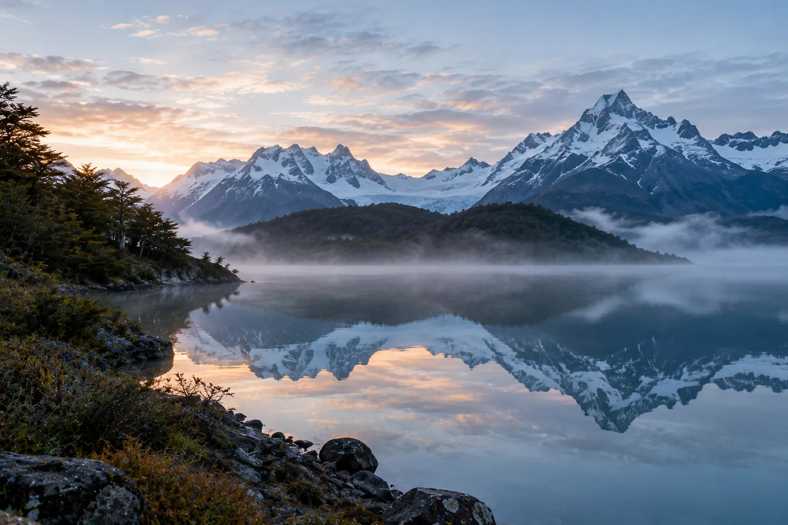 A glacial lake at first light with forest and mountains, mist on the water