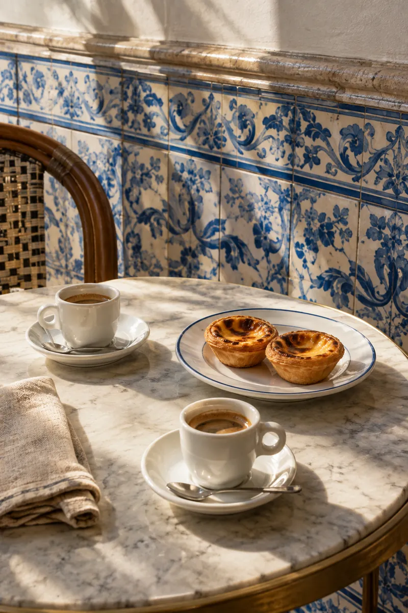 Coffee and pastéis de nata on a marble table against a blue-and-white tiled wall