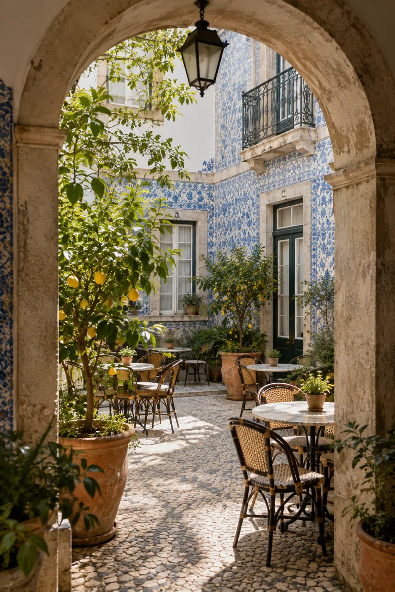 The tiled courtyard from the stone arch, café tables and a lemon tree