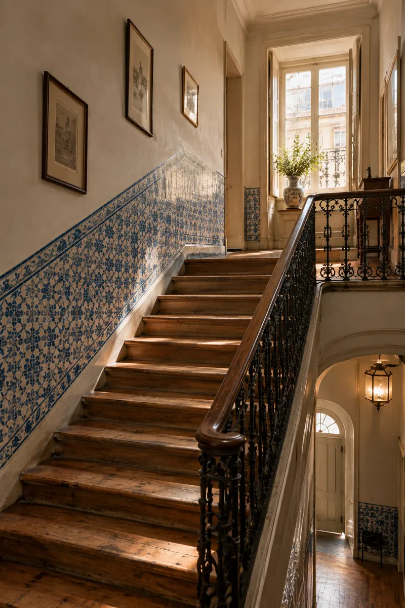 The staircase with a blue-and-white tiled dado and a wrought-iron rail