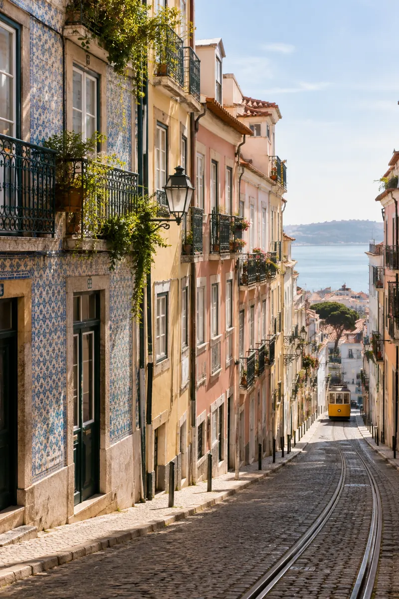 A Príncipe Real street with pastel facades and tram tracks in the cobbles