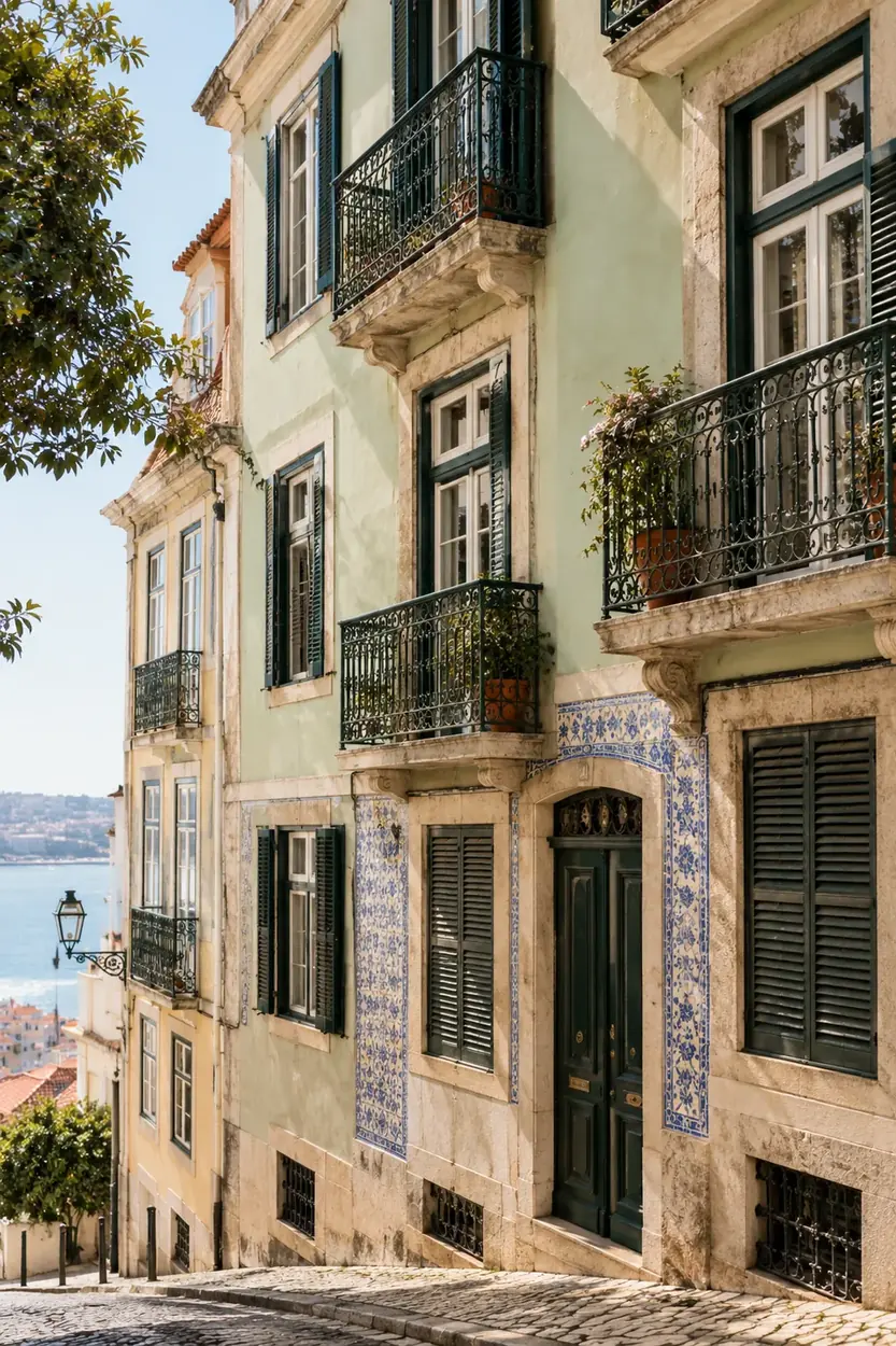Pastel 19th-century Lisbon townhouse facade with wrought-iron balconies and tiled panels