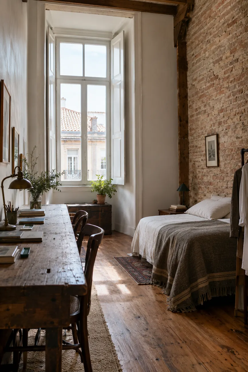 Room in a former workshop with a long wooden cutting table kept as a desk and cool north light