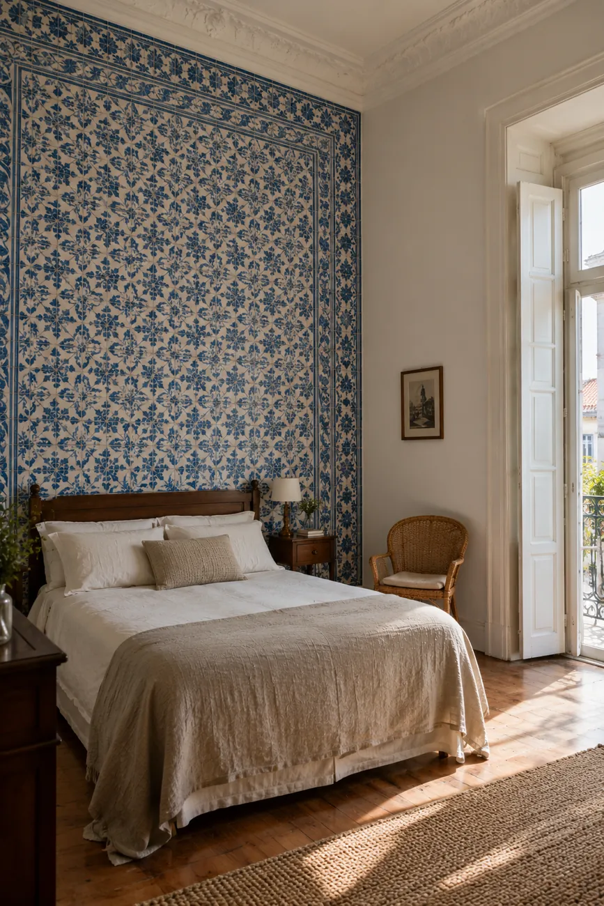 Room with an original blue-and-white 19th-century tiled wall from floor to ceiling