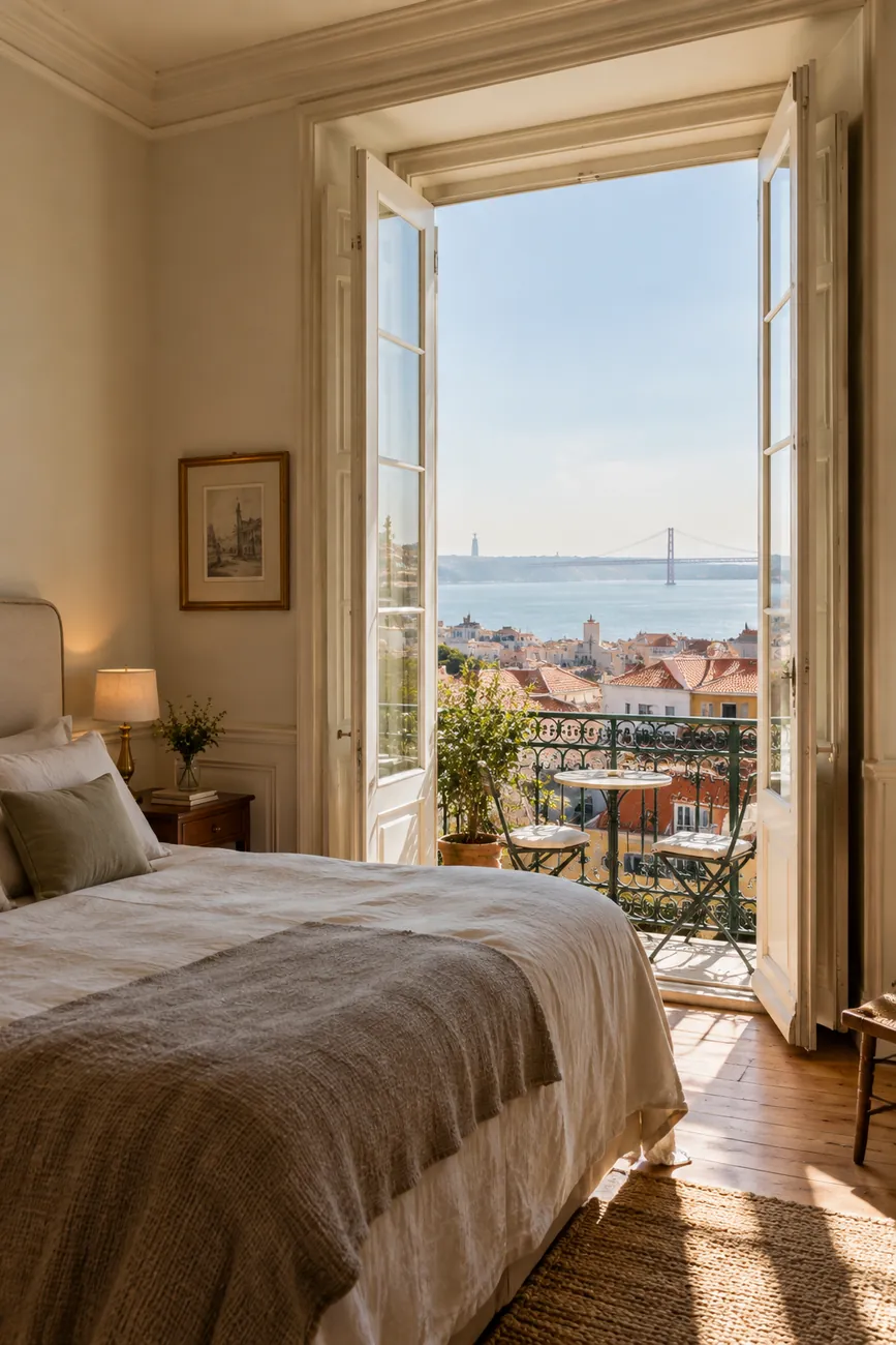 Top-floor room with a small terrace looking over Lisbon rooftops toward the river