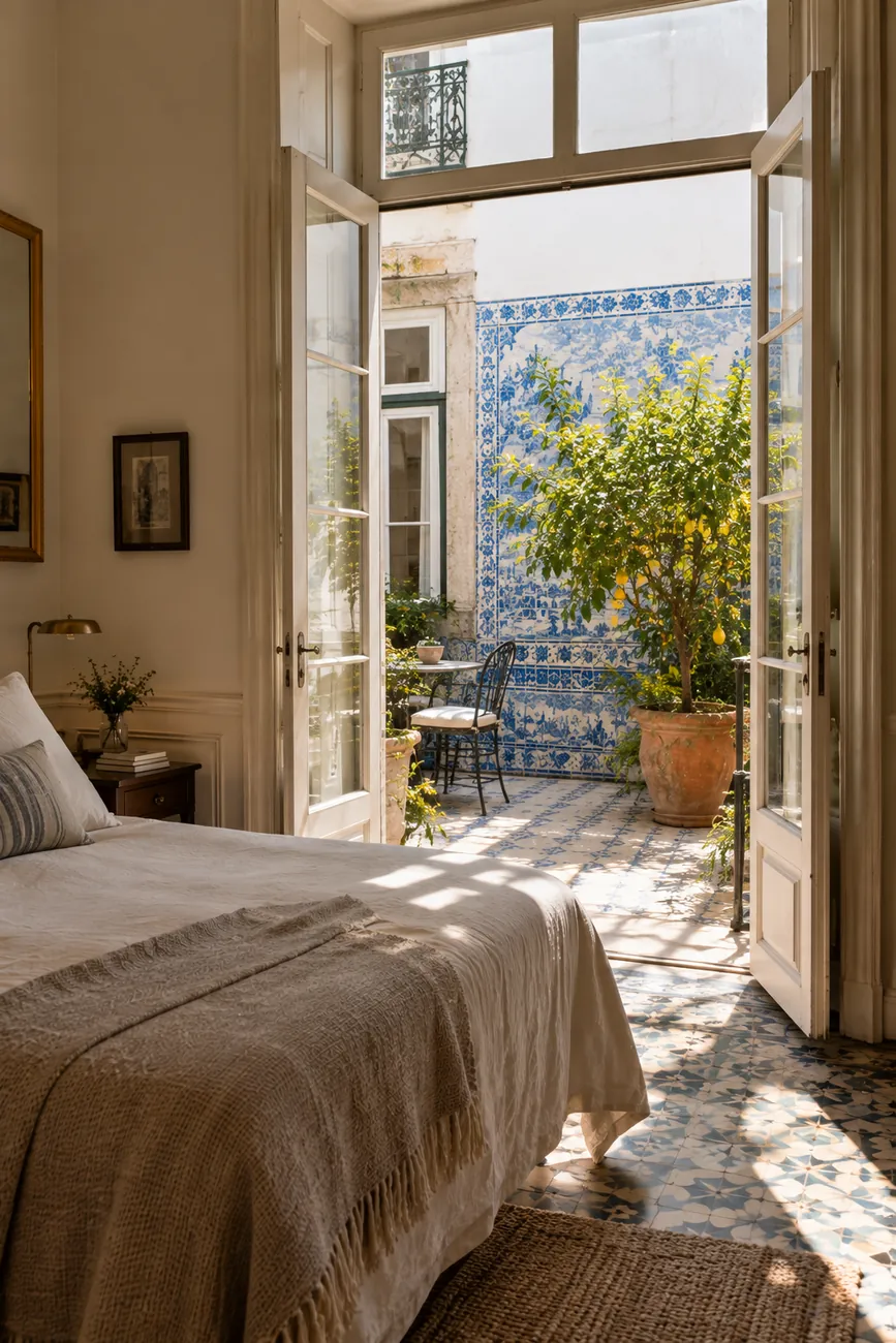 Ground-floor room with French doors opening straight onto the tiled courtyard and a lemon tree